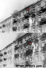 יהודי קופץ אל מותו מחלון בניין בוער במרד גטו ורשה, 1943