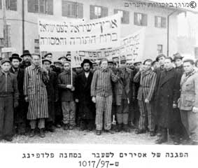 הפגנת מחאה במחנה עקורים למען פתיחת שערי ארץ ישראל, מחנה פלדאפינג, גרמניה, 1945