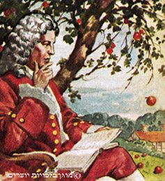 אייזק ניוטון מתבונן בתפוח הנופל מעץ, איור לספר ילדים, אנגליה, המאה העשרים