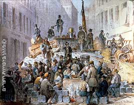 אזרחים אוסטרים על מתרס שהוקם באחד מרחובות וינה בעת המהפכה ב- 1848, ציור שמן