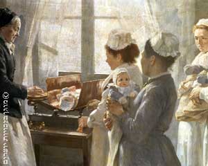 בתור לשקילת תינוקות, ציור שמן, צרפת, המאה התשע עשרה