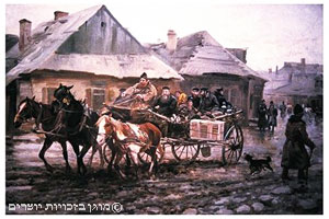 יהודים רוסים עטורי זקן בלבוש מסורתי בדרכם לשוק