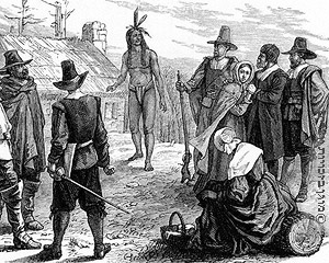 מפגש ב- 1621 בין אינדיאני למתיישבים, פלימות', תחריט, המאה התשע עשרה
