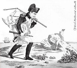נפוליאון מגיע לאי אלבה, 1814, קריקטורה, איטליה