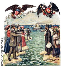 אמריקה מקבלת בברכה את הפליטים היהודים, כרטיס לכבוד השנה החדשה, 1900 בערך