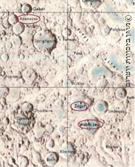 קטע ממפת הירח ובה מכתשים על שם אסטרונומים יהודים