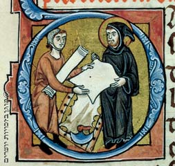 נזיר בודק קלף עשוי עור, איור בתוך אות פתיחה בכתב יד, המאה השלש עשרה