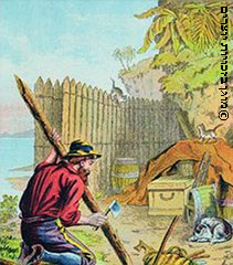 רובינזון קרוזו מכין קרשים לבניית גדר